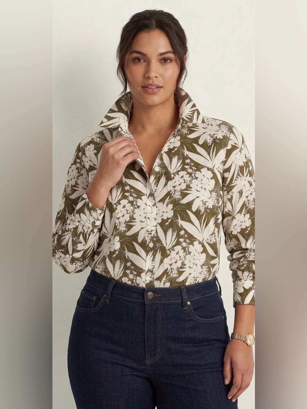 Lauren Ralph Lauren Botanical Olive Green Palm Floral Button Down Blouse Sz XL